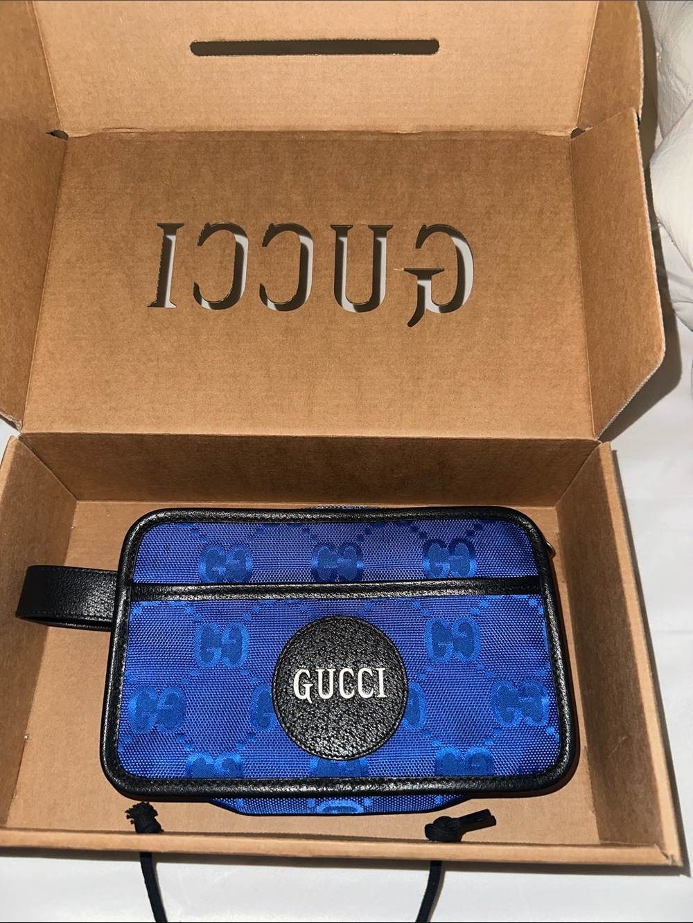 Gucci Royal Blue GG Nylon Wristlet Pouch with Black Trim
